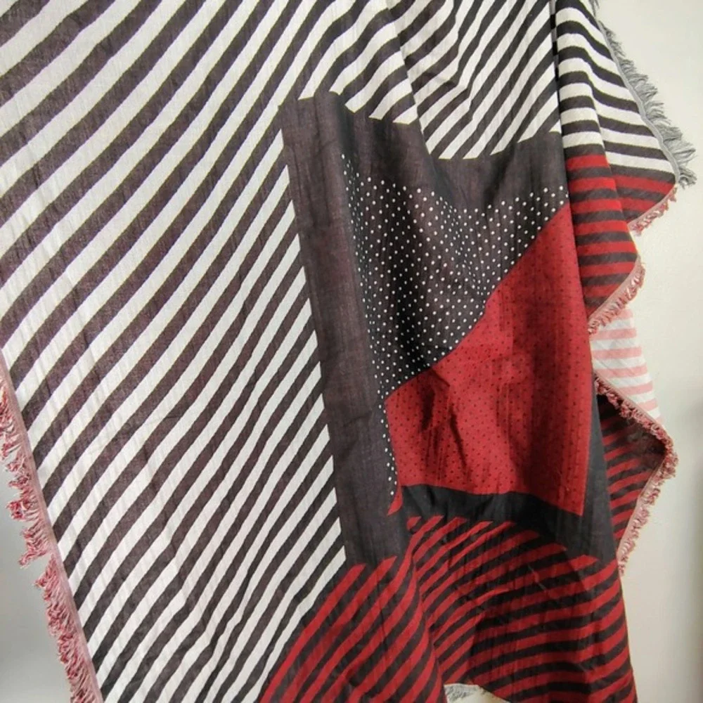 Rebecca Minkoff Red‎ Black Pink Striped Polka Dot Reversible Cotton Scarf Wrap